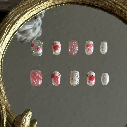 Christmas apple candy cane press-on nails white clear pink