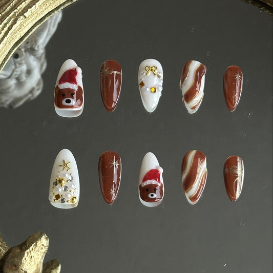Brown and white christmas bear nail set, with charms, pearls and hand sculpted designs