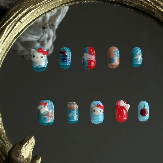 denim vintage short square nails, blue and red press on nails