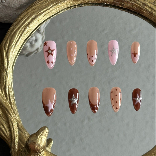 Brown-pink star polka dot press-on nails