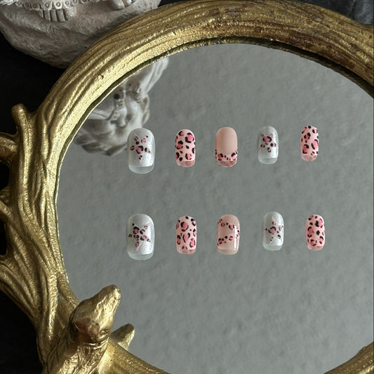 silver pink 3D matte pink leopard press-on nails