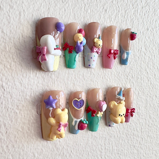 Detailed shot of a 3D yellow bear with a pink bow and floating purple balloons on a nude base.