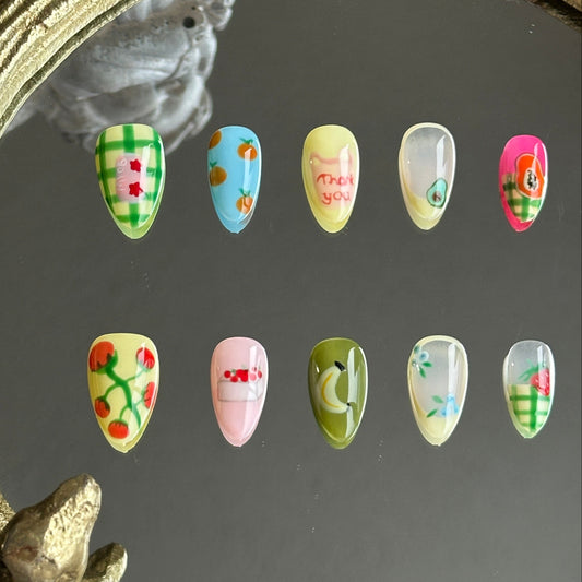 colorful nail set with handpainted fruits, french tips