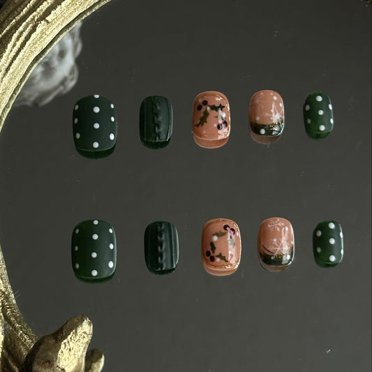 dark green nails with polka dots, Mistletoe and Knit