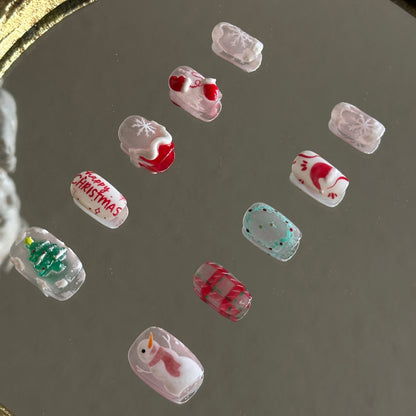 3D snow tree pinched ruffle French press-on nails detail