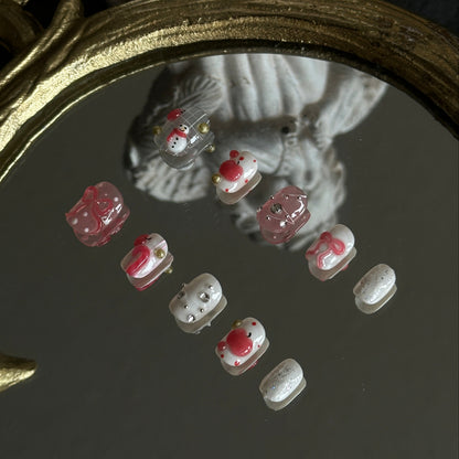 apple candy cane rhinestone fairy light press-on nails detail
