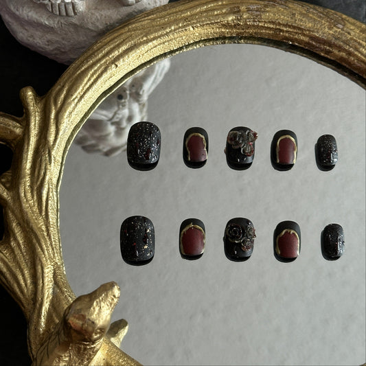 blood rose matte black red 3D gold trim press-on nails