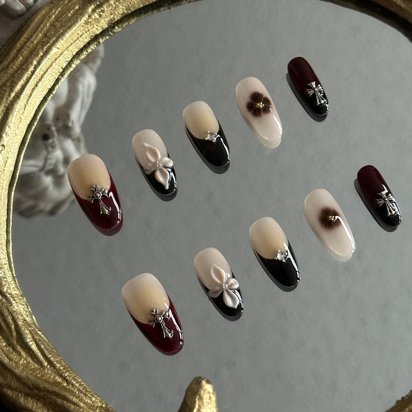 hand-carved flower yellow ombre silver cross charm nails texture