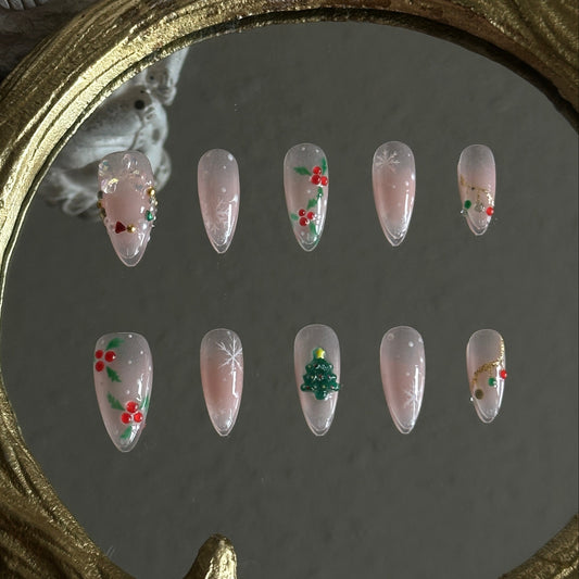 Christmas 3D mistletoe wreath nude blush press-on nails
