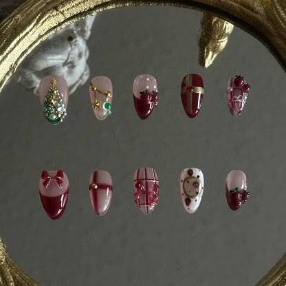 Christmas 3D strawberry bow press-on nails nude oxblood
