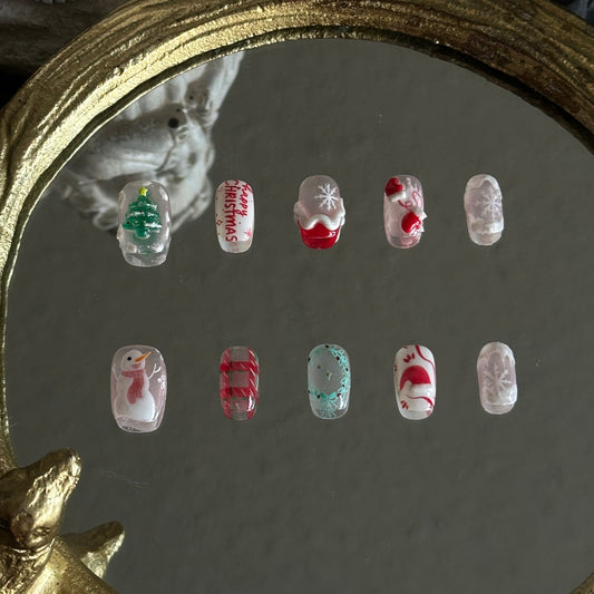 Christmas 3D tree handmade press-on nails nude white