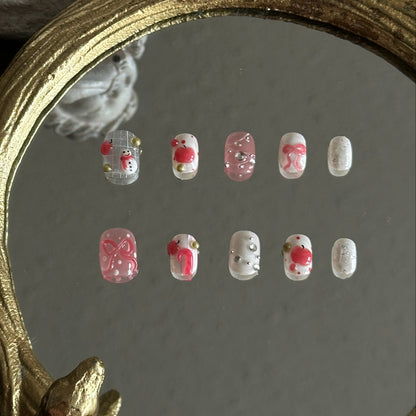 Christmas apple candy cane press-on nails white clear pink
