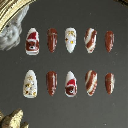 Brown and white christmas bear nail set, with charms, pearls and hand sculpted designs