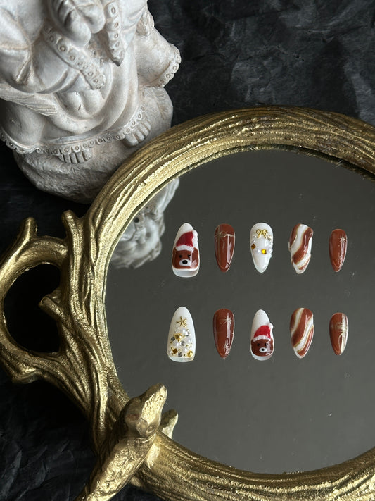 Brown and white christmas bear nail set, with charms, pearls and hand sculpted designs