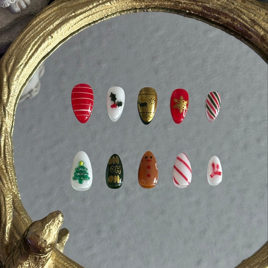 Christmas gingerbread man Fair Isle press-on nails red white green