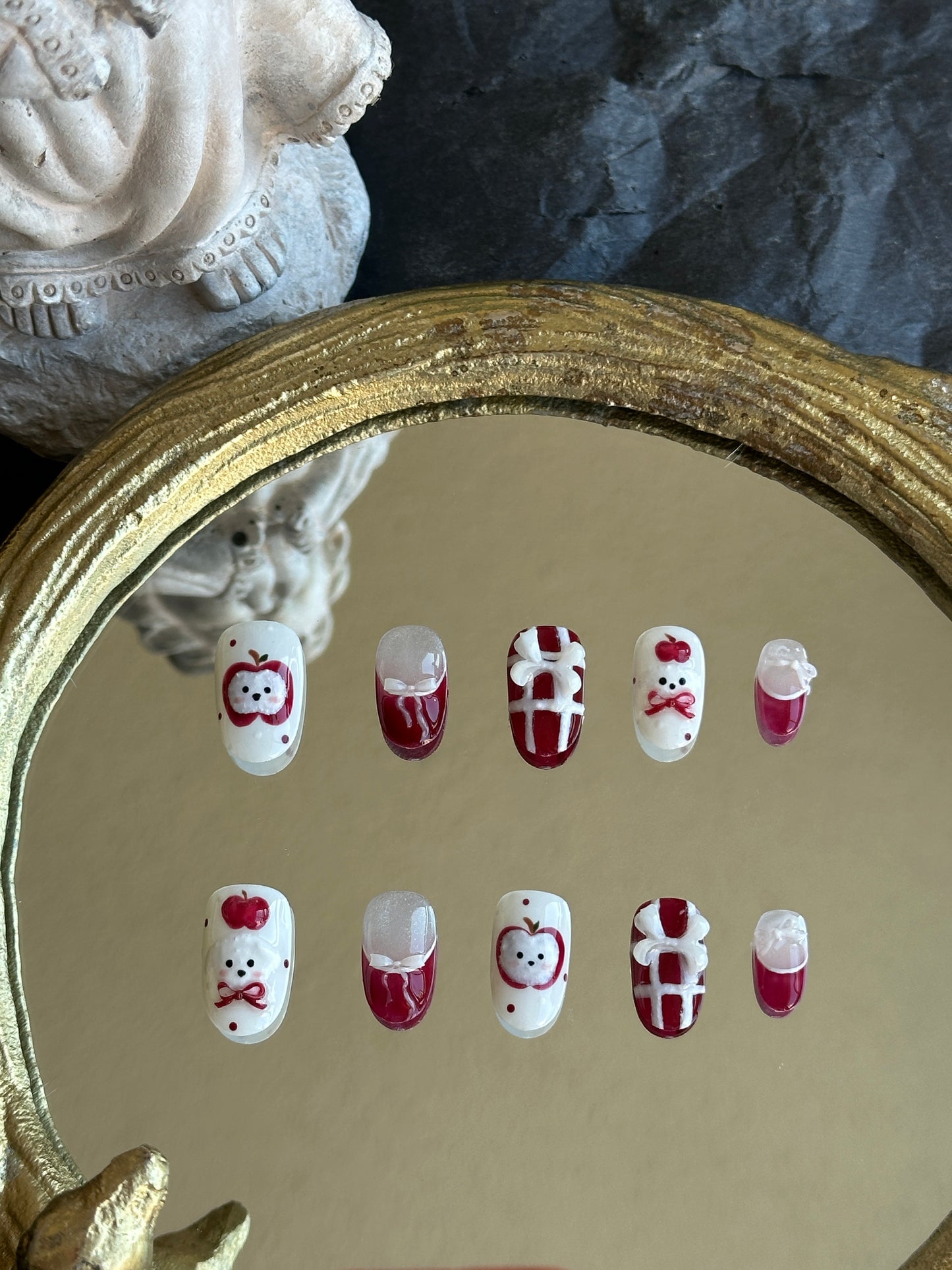 cute nails in red and white, includ cat eye, puppy, french tips, 3d bows, etc. perfect for Christmas