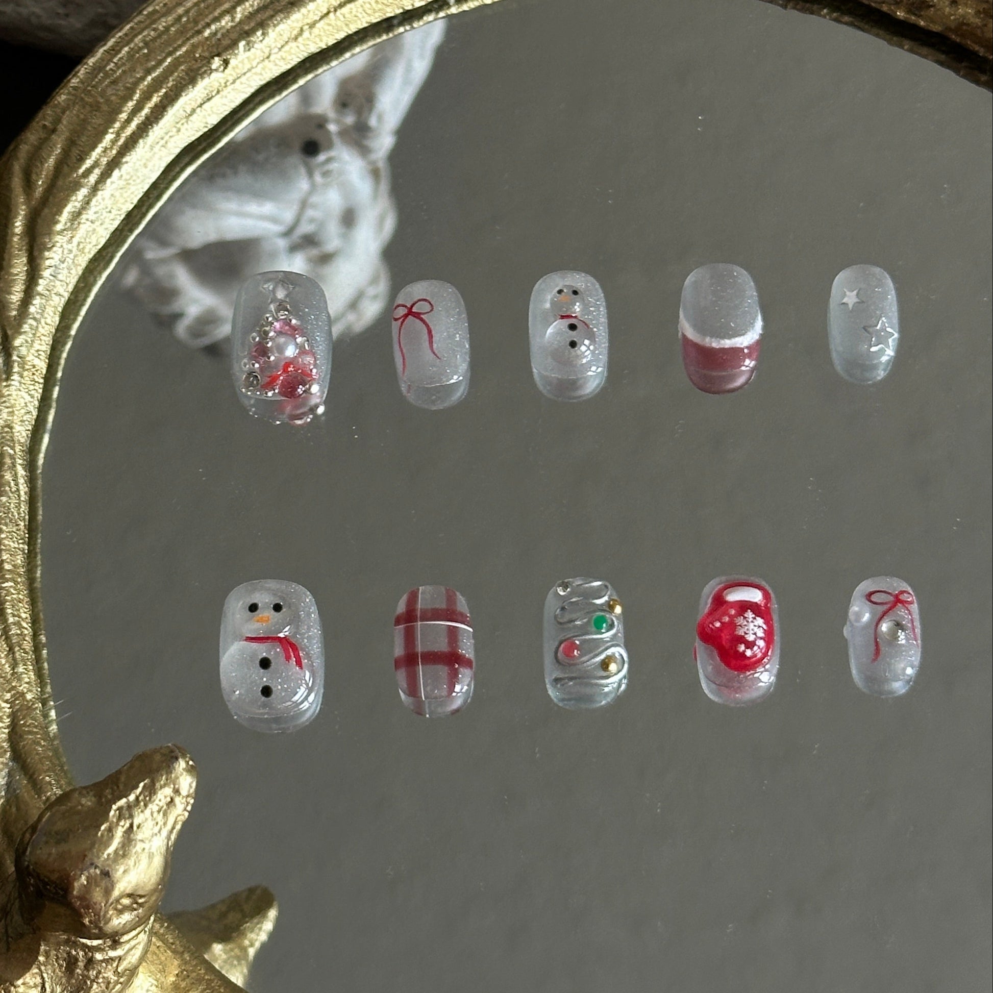 Christmas silver cat-eye press-on nails red bow snowman
