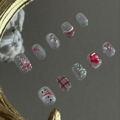 silver abstract Christmas tree red bow press-on nails