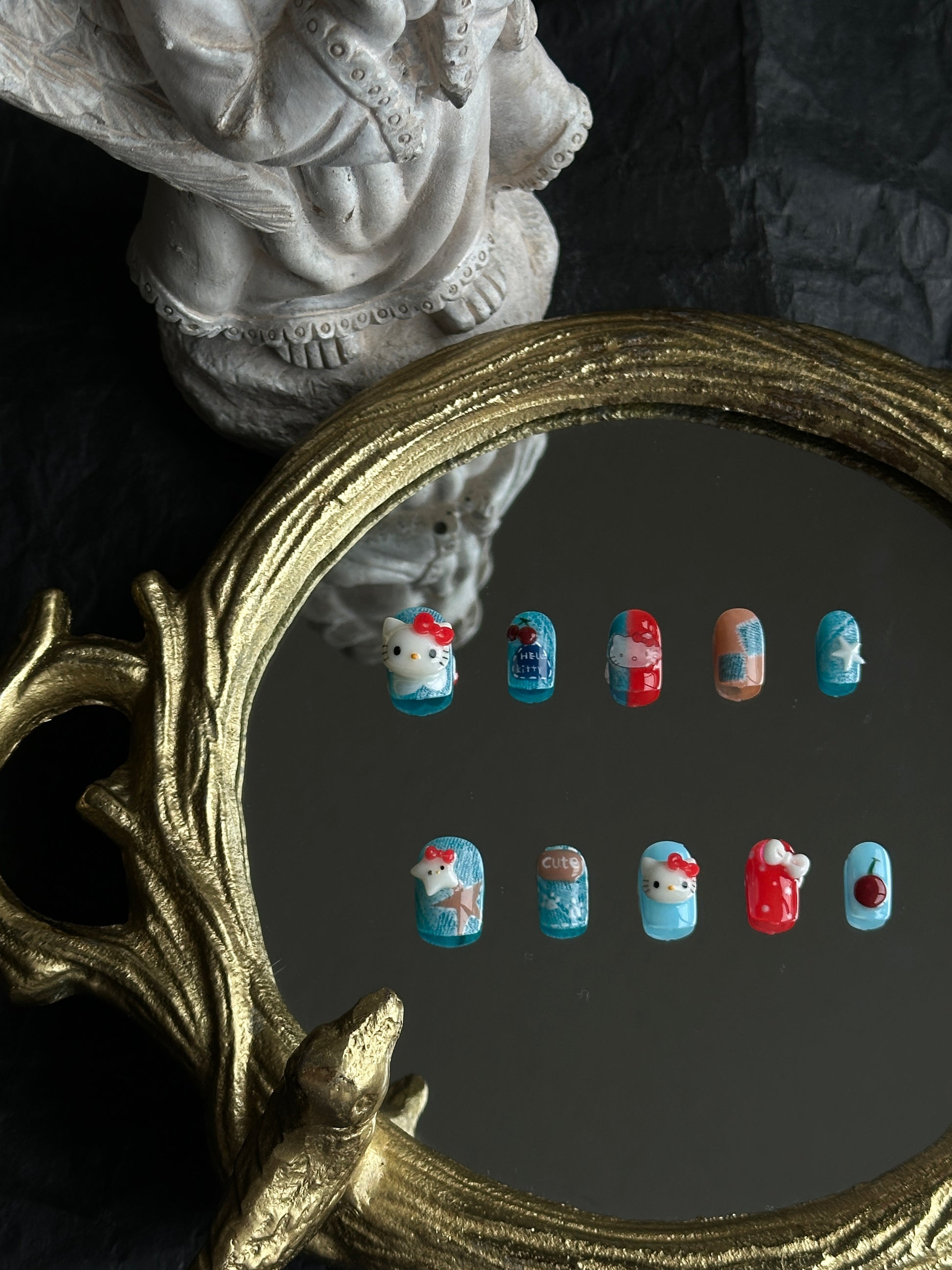 denim hello kitty short square nails, vintage nail set