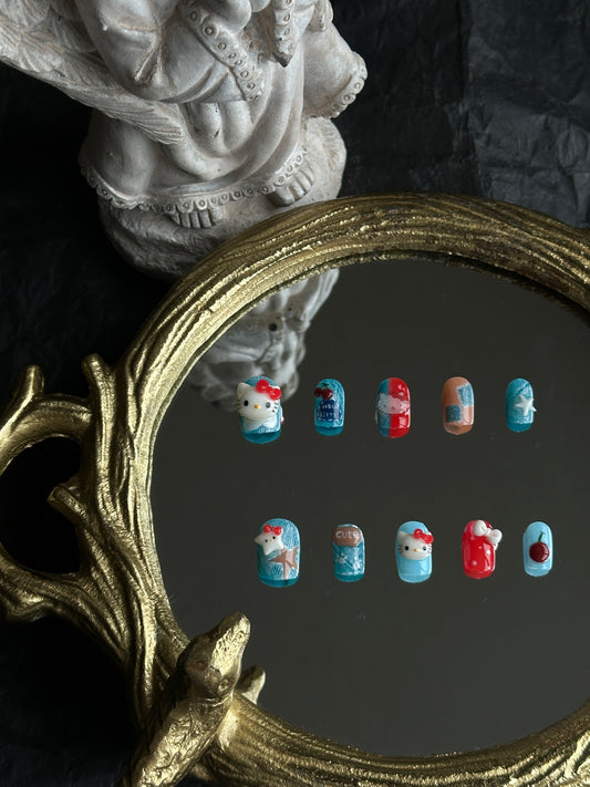 denim hello kitty short square nails, vintage nail set