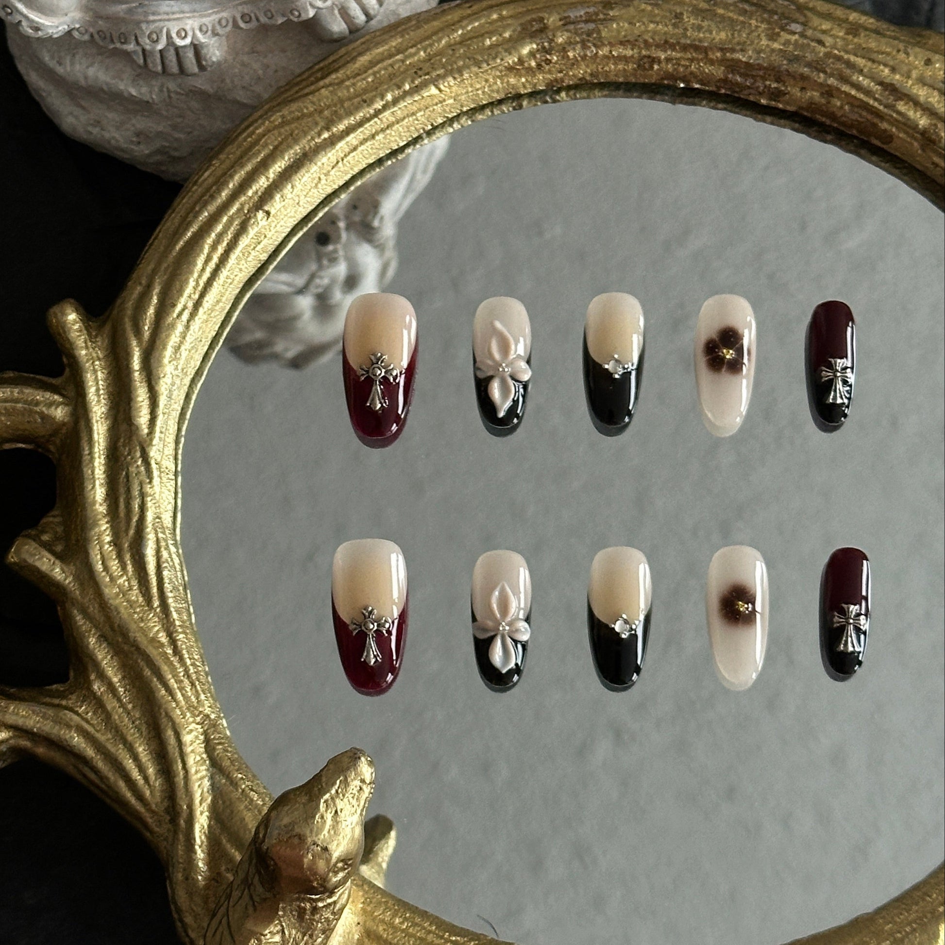 black burgundy nude brown flower cross charm press-on nails