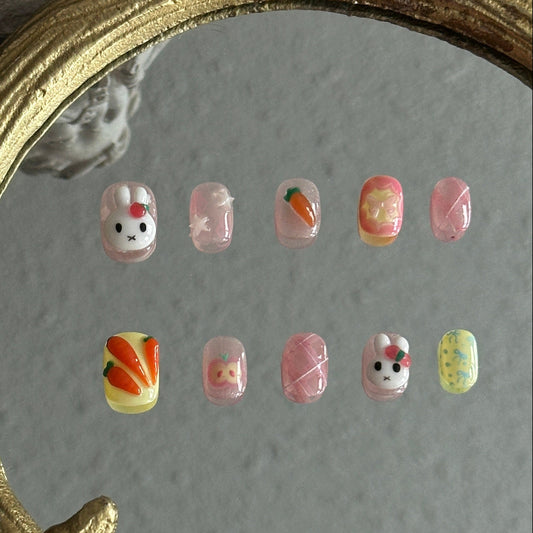 pink Miffy carrot butterfly bow press-on nails