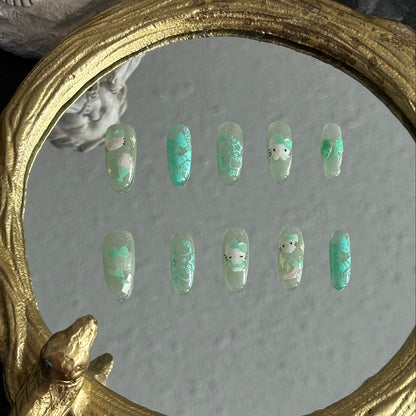 mint Kitty green cat-eye press-on nails cute embossed stickers