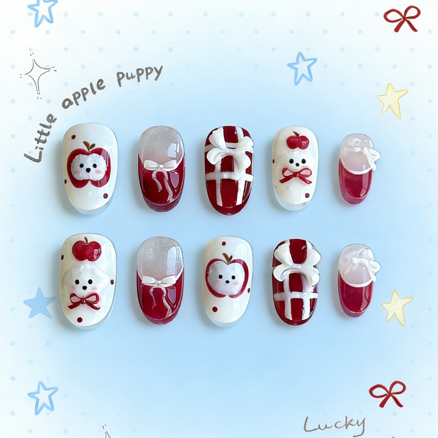 Apple Pup press-on nails by MYOB Nails featuring cute puppy art, red apples, and festive plaid patterns.