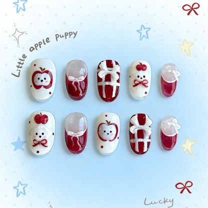 Apple Pup press-on nails by MYOB Nails featuring cute puppy art, red apples, and festive plaid patterns.
