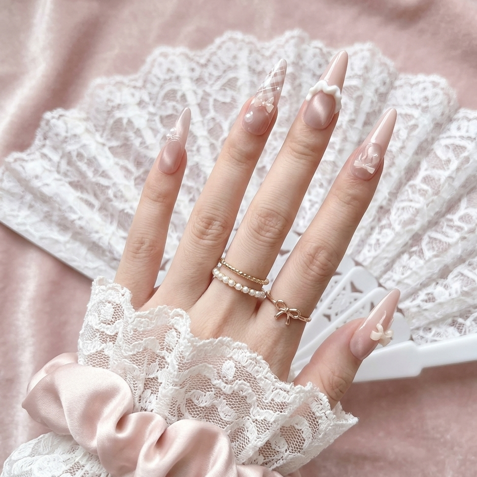On-hand view of Ballerina press-on nails by MYOB Nails, showcasing an elegant coquette aesthetic with 3D bows, delicate pearls, and cat-eye shimmering effects on long almond nails.