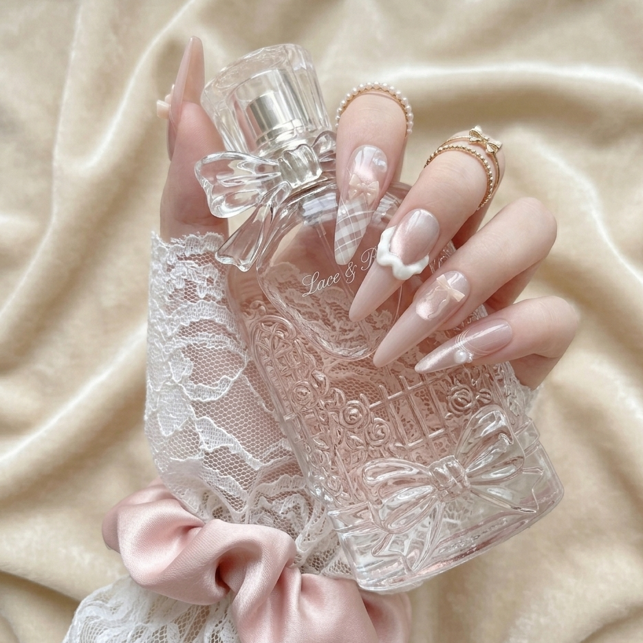 Lifestyle shot of Ballerina press-on nails by MYOB Nails, featuring almond-shaped soft pink nails with 3D cream bows, plaid patterns, and pearl accents, held against a vintage perfume bottle.