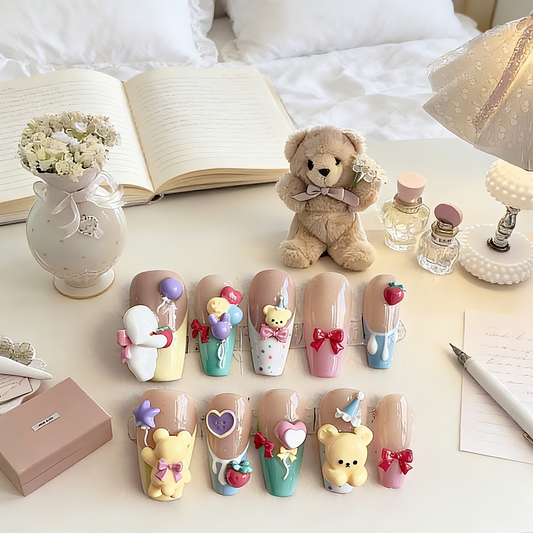 Bearthday Party press-on nails by MYOB Nails featuring 3D bears, colorful balloons, and sweet strawberry charms.