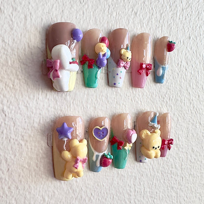 Detailed shot of a 3D yellow bear with a pink bow and floating purple balloons on a nude base.
