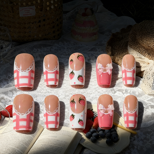 Berry Gingham press-on nails by MYOB Nails styled on a picnic-themed background with strawberries, books, and sun-drenched textures.