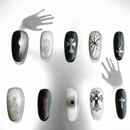 Blur press-on nails by MYOB Nails, featuring edgy gothic-inspired cross motifs and artistic hand-shadow designs.
