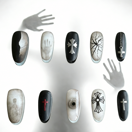 Blur press-on nails by MYOB Nails, featuring edgy gothic-inspired cross motifs and artistic hand-shadow designs.