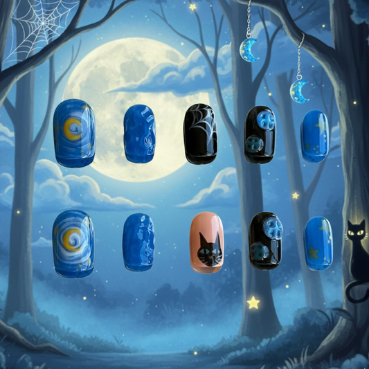 handpainted moon and black cat with blue and black base