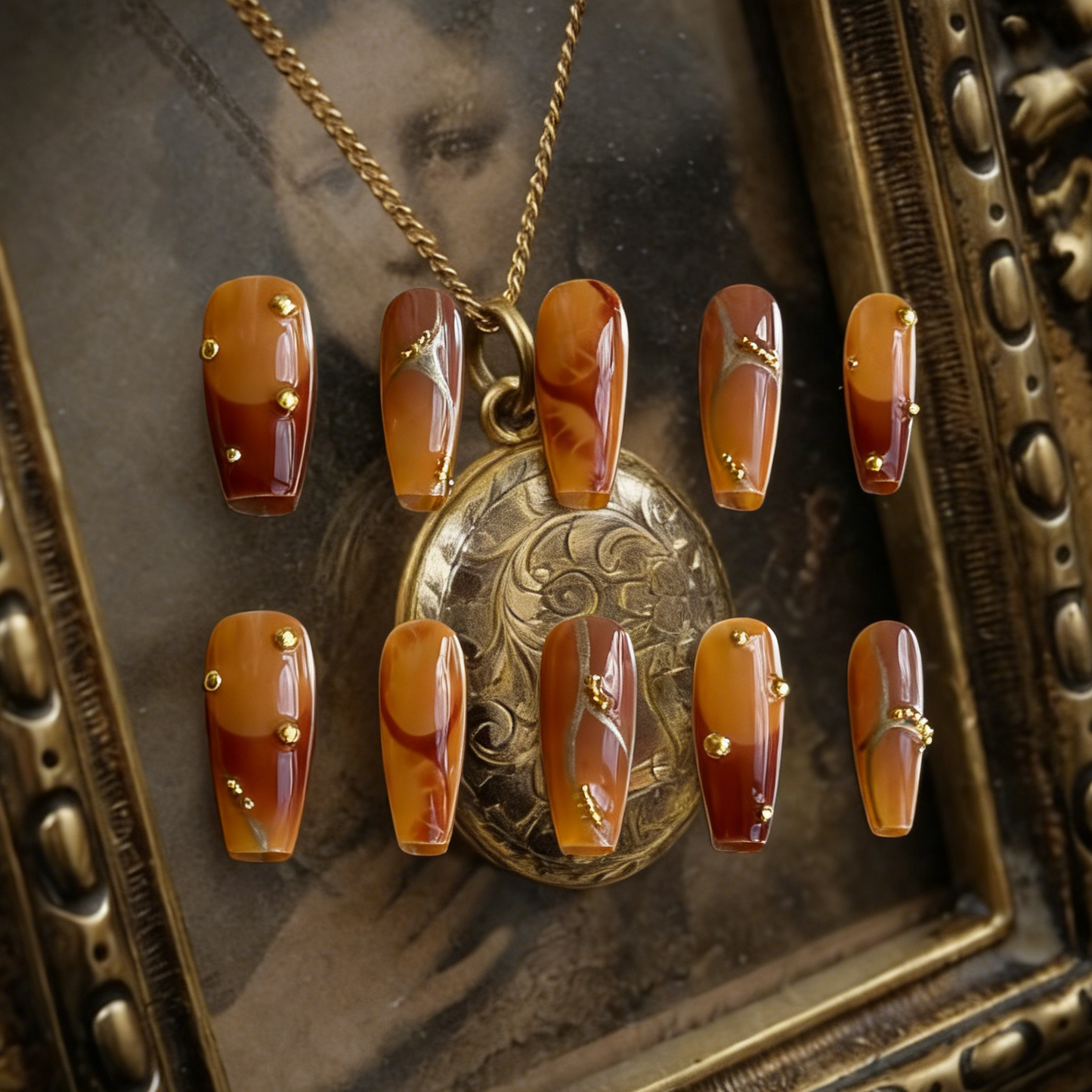 Caramel Stone press-on nails by MYOB Nails featuring an elegant brown gradient, gold accents, and decorative nail art.