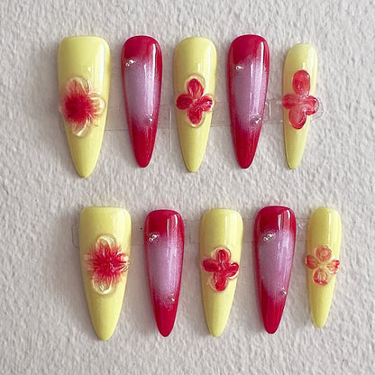 Vibrant yellow and pink blush nails with 3D resin flowers by MYOB Nails.