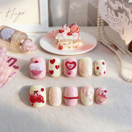 Cherry Cake press-on nails by MYOB Nails featuring 3D sculpted cakes, cherries, and sweet candy details.