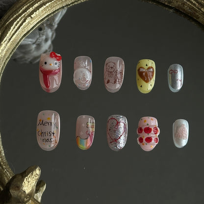 cute christmas kitty nail set with hand-sculpted designs and hand-painted sock and other detailed hoilday vibe designs