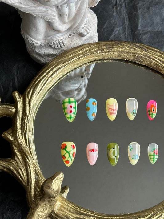colorful nail set with handpainted fruits, french tips