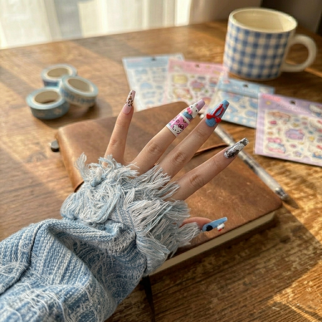 A close-up of the Cozy Cowgirl set worn on hand, showcasing the intricate blue denim finish and cow print accents from MYOB Nails.