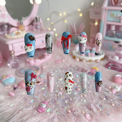 Cozy Cowgirl press-on nails by MYOB Nails, featuring realistic denim textures, red bandana patterns, and 3D western-inspired charms.