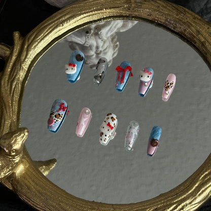 Left side mirror reflection of Cozy Cowgirl nails, detailing the matte denim texture and precision painting by MYOB Nails.