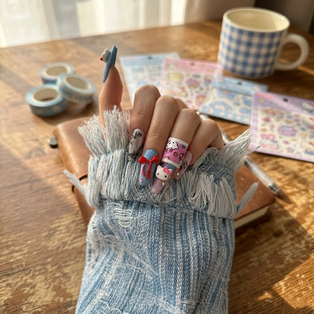 Hand modeling the Cozy Cowgirl nails by MYOB Nails, highlighting the eclectic mix of red, blue, and 3D star charms for a rugged yet sweet look.