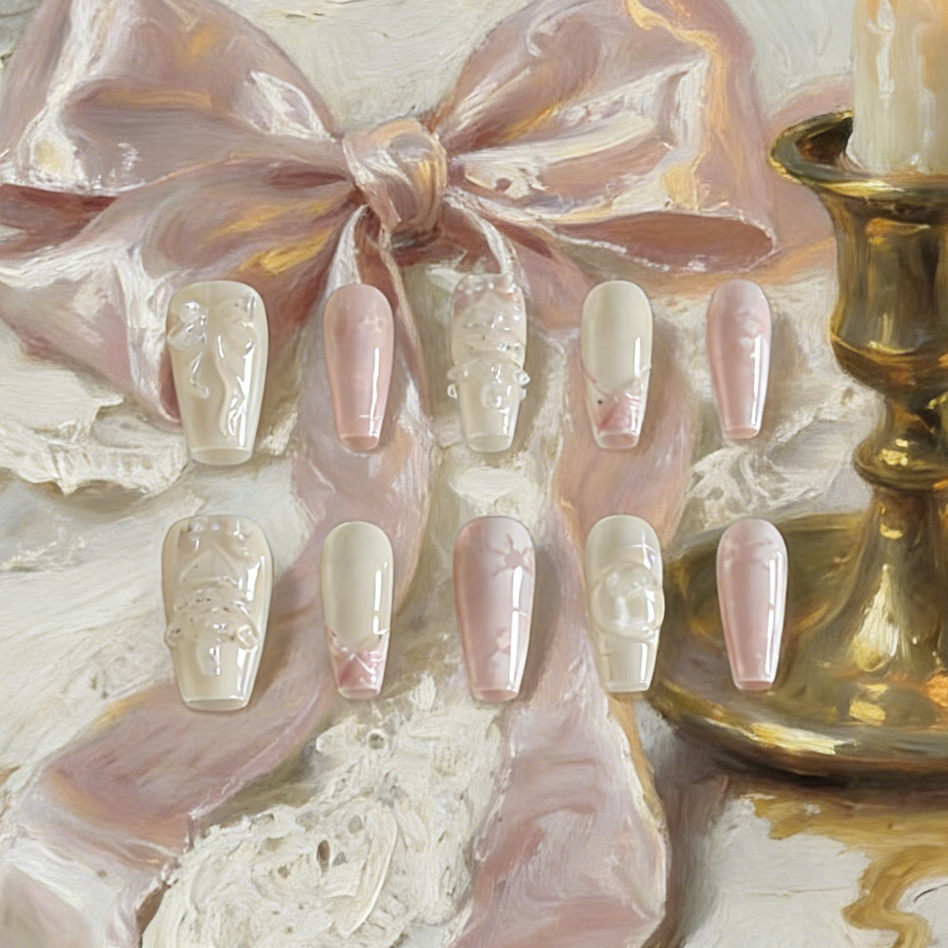 Creamy Noel press-on nails by MYOB Nails featuring elegant cream base, delicate textured patterns, and sophisticated holiday style.