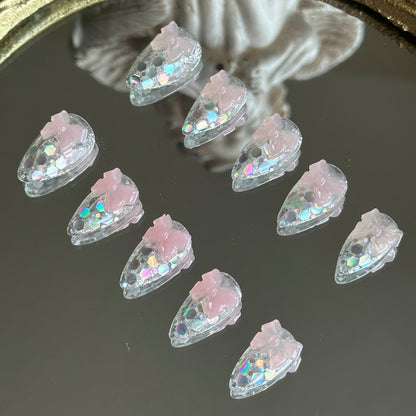 Right side view of Crystal Confections nails by MYOB Nails highlighting the delicate, jelly-like 3D sheer pink ribbon bow.