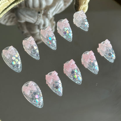 Left side detail of MYOB Nails Crystal Confections set showcasing the multi-dimensional shine of laser glitters on a transparent base.