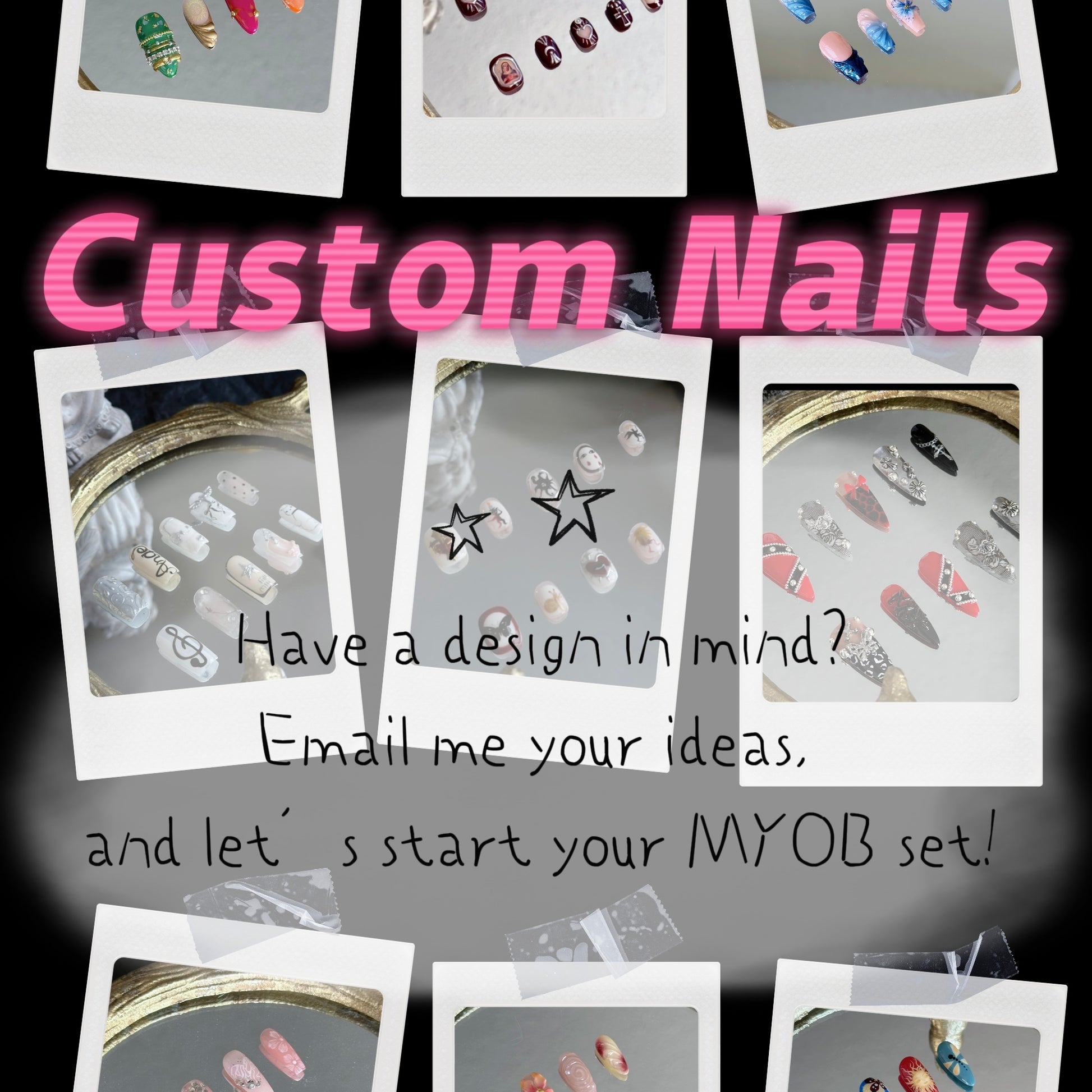 Informational guide for MYOB Nails custom made-to-order press-on nail service featuring a delicate bow and heart illustration.
